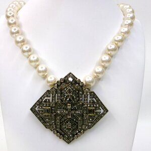 Heidi Daus Artful Sophistication Deco Crystal Brooch Pendant Pearl Strand